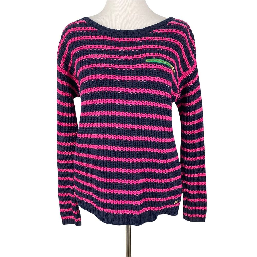 Tommy Hilfiger Sweater Womens Navy Blue Pink Striped Long Sleeve Knit Pullover